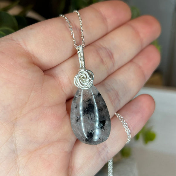 Black Tourmaline in Quartz Sterling Silver Wire Wrapped Pendant Necklace Handmade
