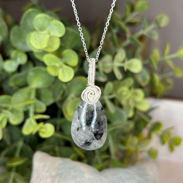 Black Tourmaline in Quartz Sterling Silver Wire Wrapped Pendant Necklace Handmade