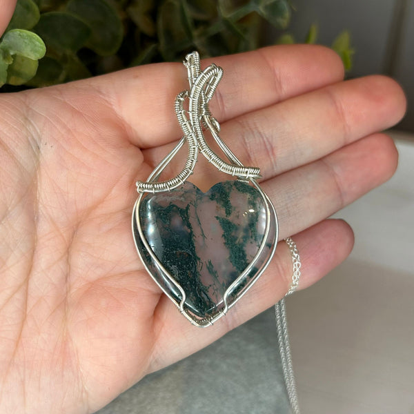 Moss Agate Sterling Silver Wire Wrapped Pendant Necklace Handmade