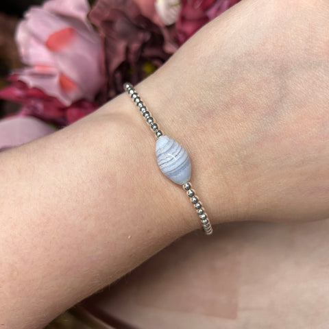 Blue Lace Agate Sterling Silver Elasticated Beaded Bracelet - Sarah's Pretty Rocks