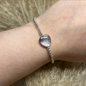 Lepidolite Purple Mica Heart Sterling Silver Elasticated Beaded Bracelet