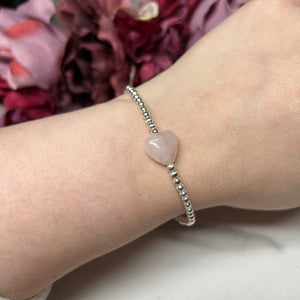Rose Quartz Heart Sterling Silver Elasticated Beaded Bracelet - Sarah's Pretty Rocks